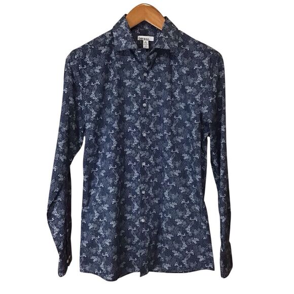 Bar III Slim Fit Stretch Navy Small Floral Organic Cotton Button Up Shirt Size M - Picture 1 of 11